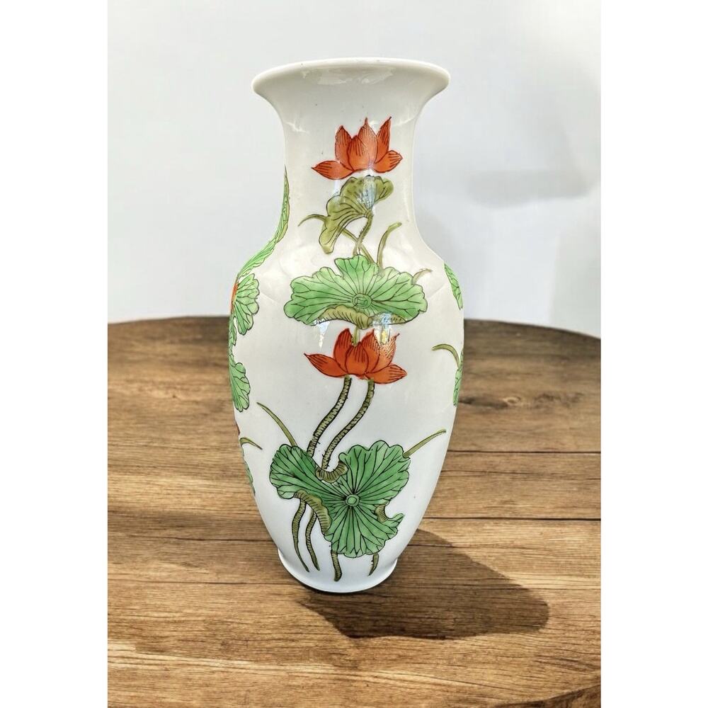ACF Hong Kong Porcelain Vase 8.5” Floral Red Lotus Flowers with Green Leaves
